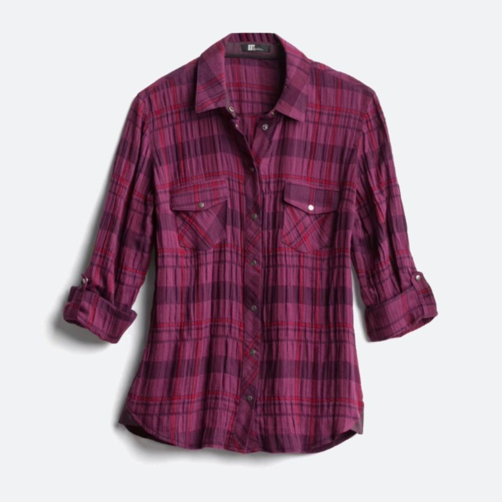 Kut From the Kloth Size M Women's Purple Burgundy Button Down Plaid Woven